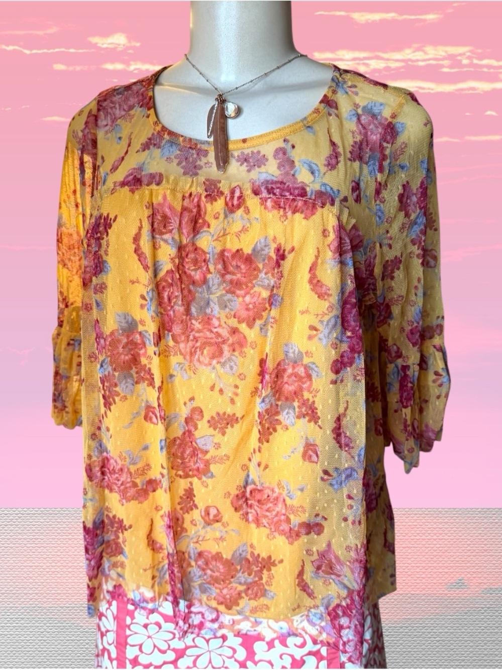 Fall fairy Yellow and Red sheer mesh layering Blouse ruffle short sleeves